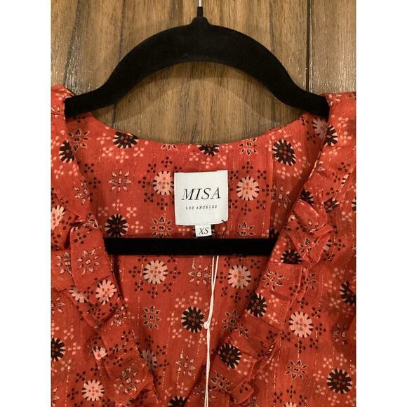 MISA Veruka maravi dots faux wrap Chiffon Long Sleeve Ruffled Mini Dress V Neck - Picture 12 of 12